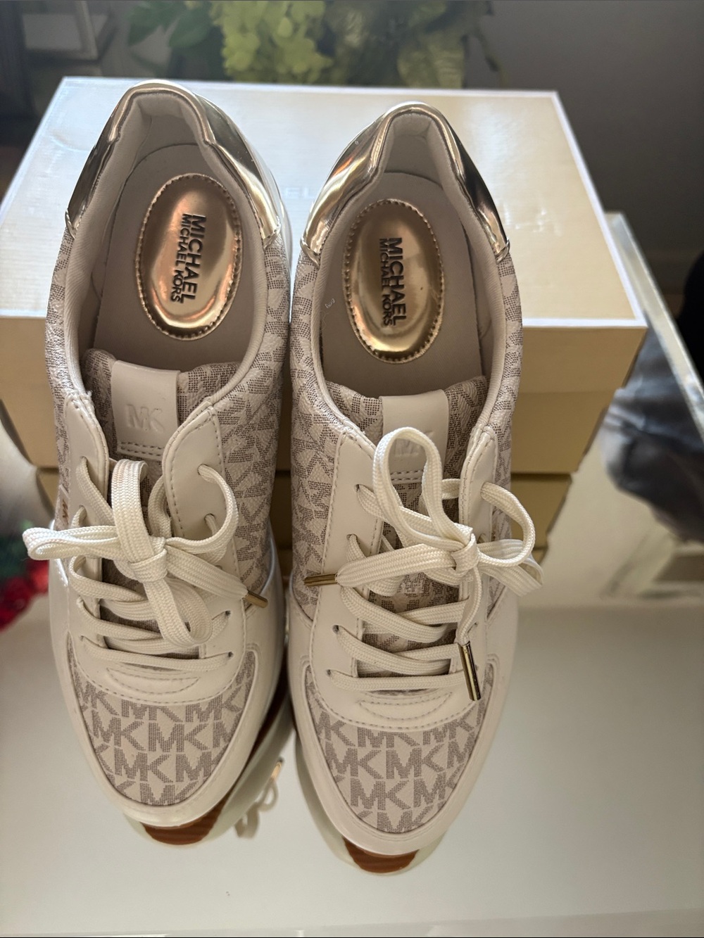 Michael Kors Beige and White MK Logo Lace-Up Sneakers